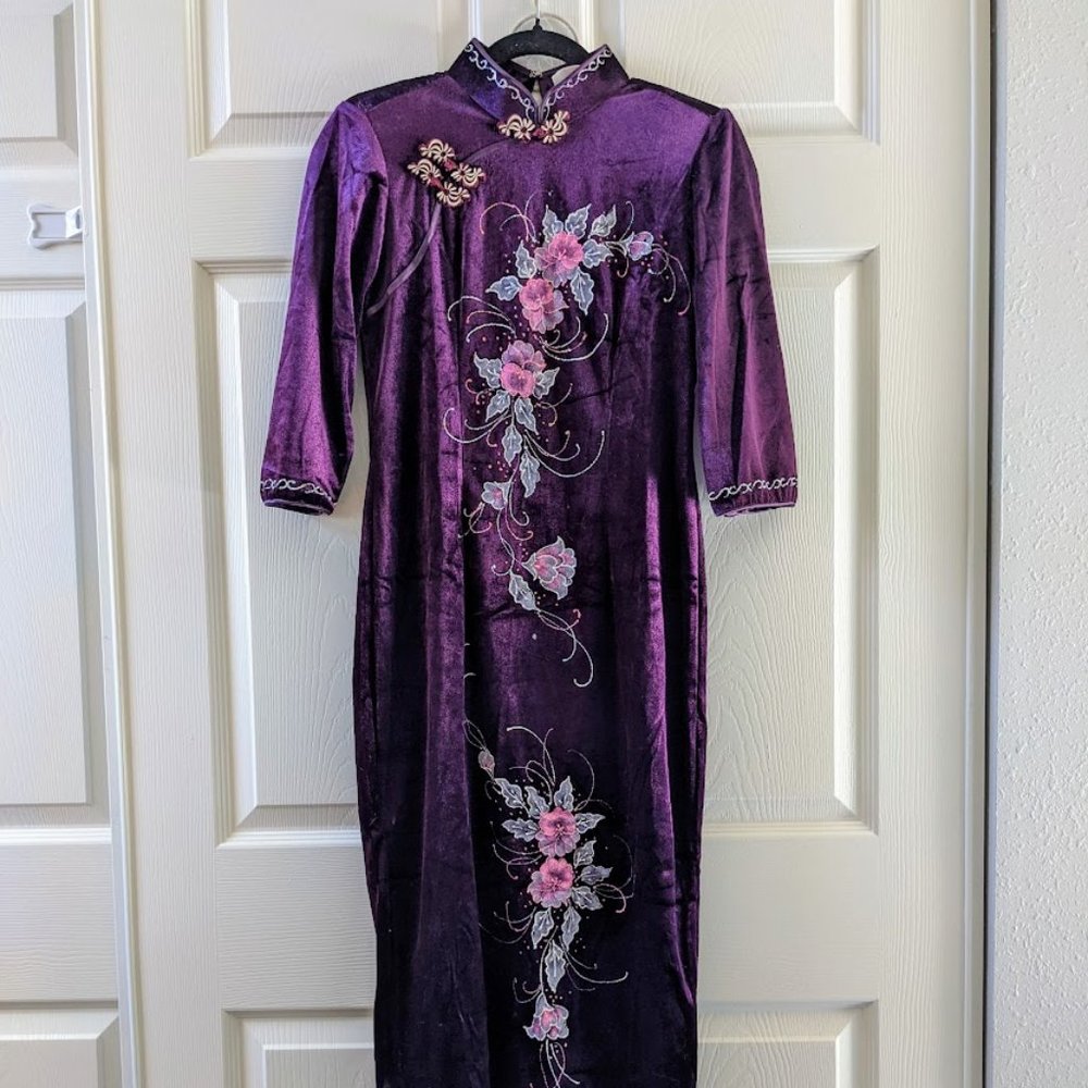 Purple Velvet long Qipao Cheongsam Dress